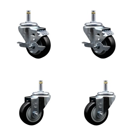 Service Caster 3'' Black Poly Wheel Swivel 7/16'' Grip Ring Stem Caster Set 2 Brakes, 4PK SCC-GR20S314-PPUB-BLK-TLB-716138-2S2